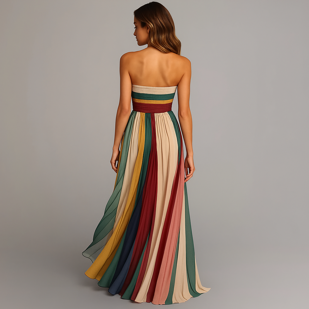 Women's Colorblock Strapless Pleated Maxi Dress-Metro Lane Plaza