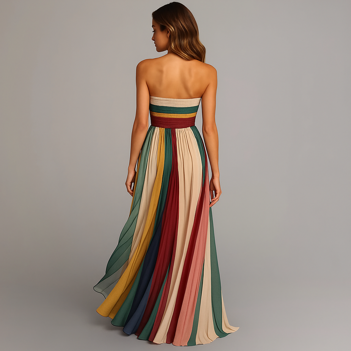 Women's Colorblock Strapless Pleated Maxi Dress-Metro Lane Plaza