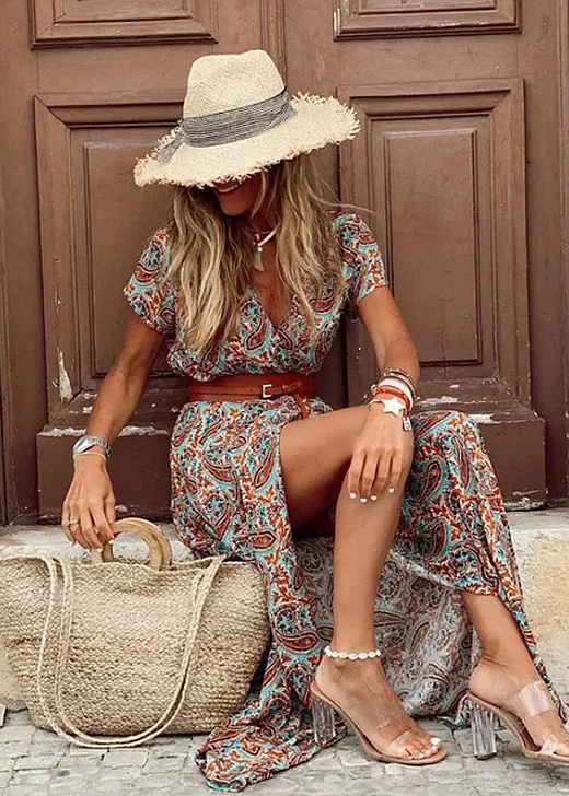 Women's Boho Floral Maxi Dress with V-Neck and Split Hem-Metro Lane Plaza