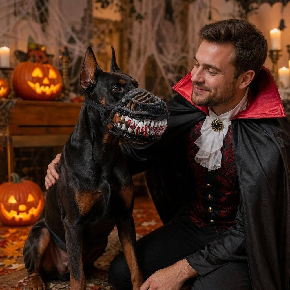 Rode Halloween-hondenmuilkorf met tanden - horrorgriezelmasker met ademend ontwerp