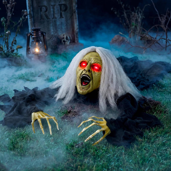 Figura de zombi que emerge del suelo para Halloween, con ojos iluminados y sonido, para mujer