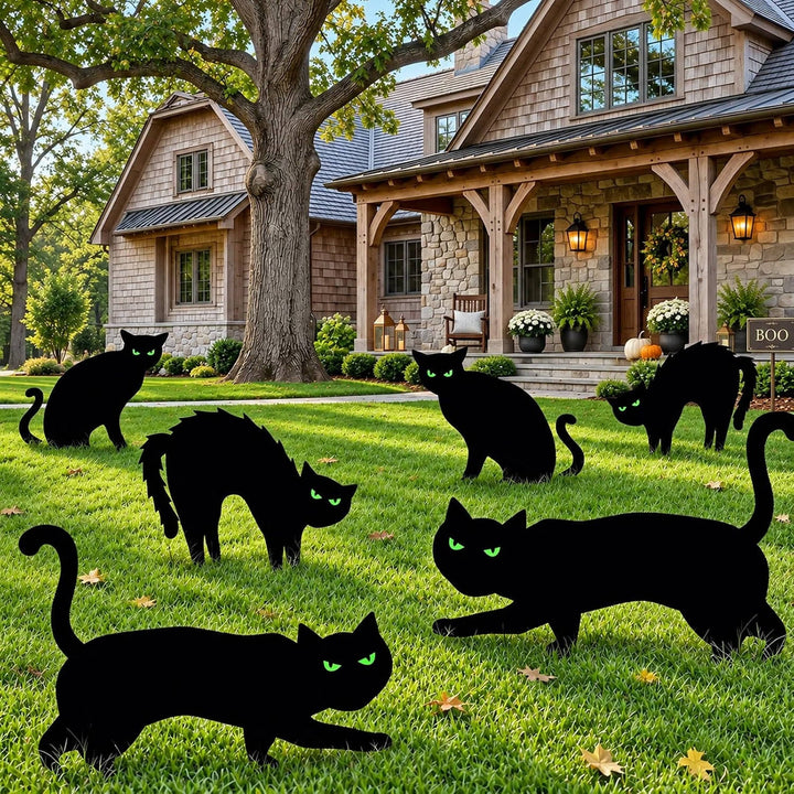 Women's 6 Pack Halloween Black Cat Lawn Signs with Glow-in-the-Dark Eyes