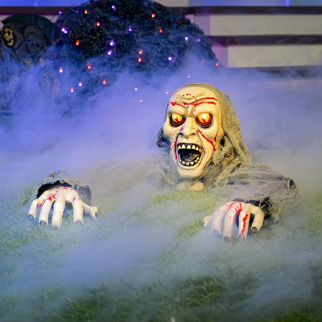 Figura de zombi que emerge del suelo para Halloween, con ojos iluminados y sonido, para mujer
