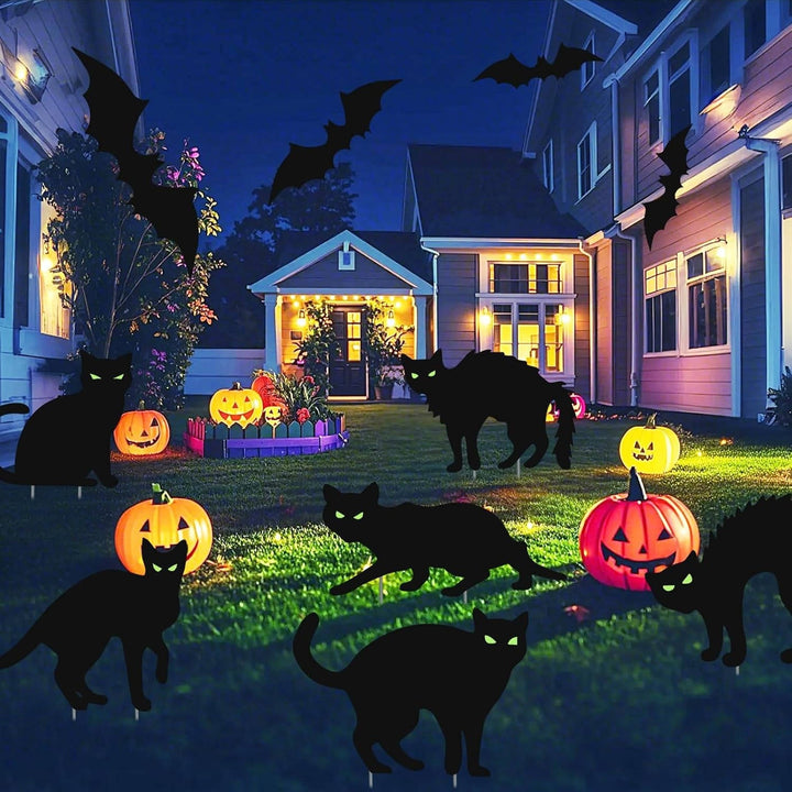 Women's 6 Pack Halloween Black Cat Lawn Signs with Glow-in-the-Dark Eyes