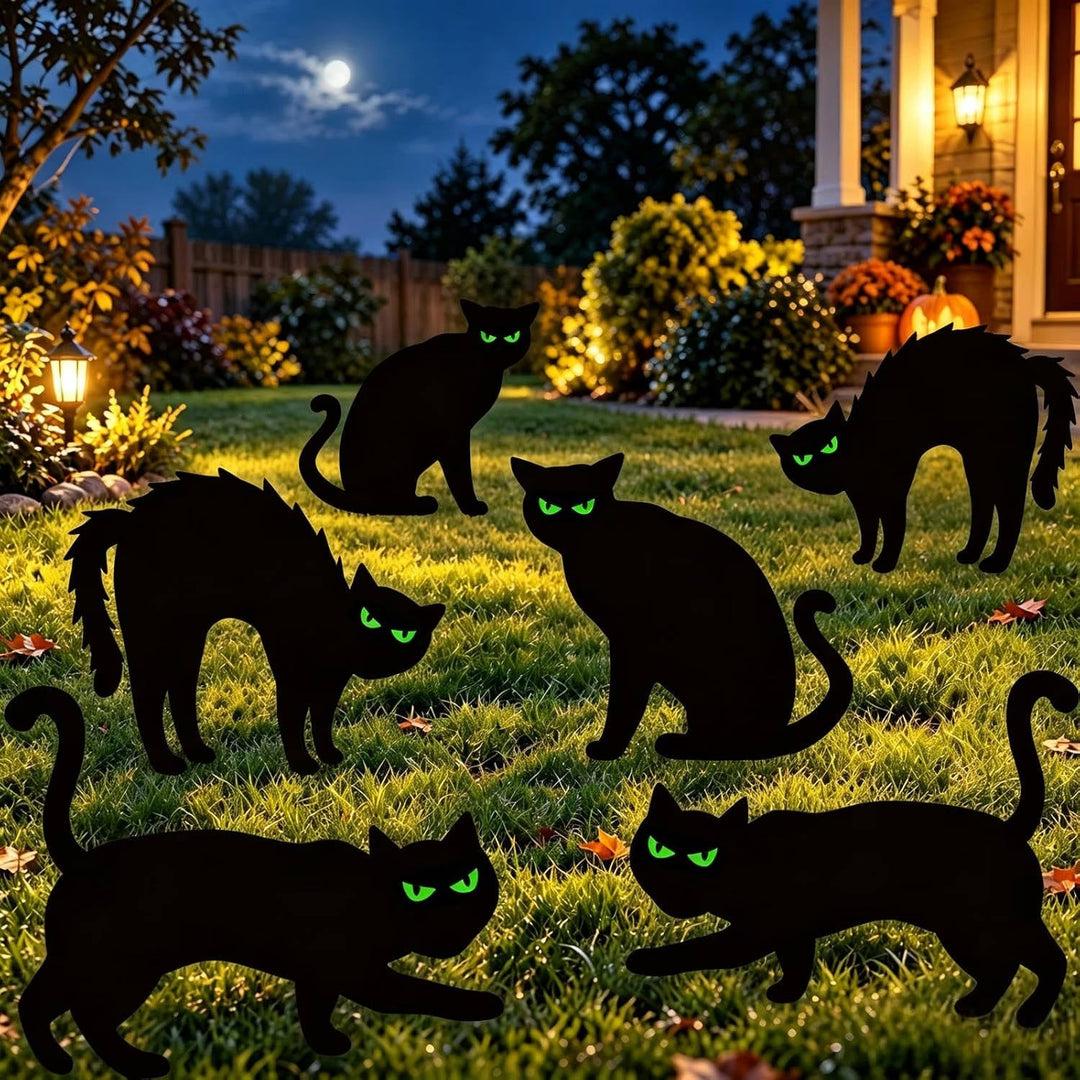 Women's 6 Pack Halloween Black Cat Lawn Signs with Glow-in-the-Dark Eyes