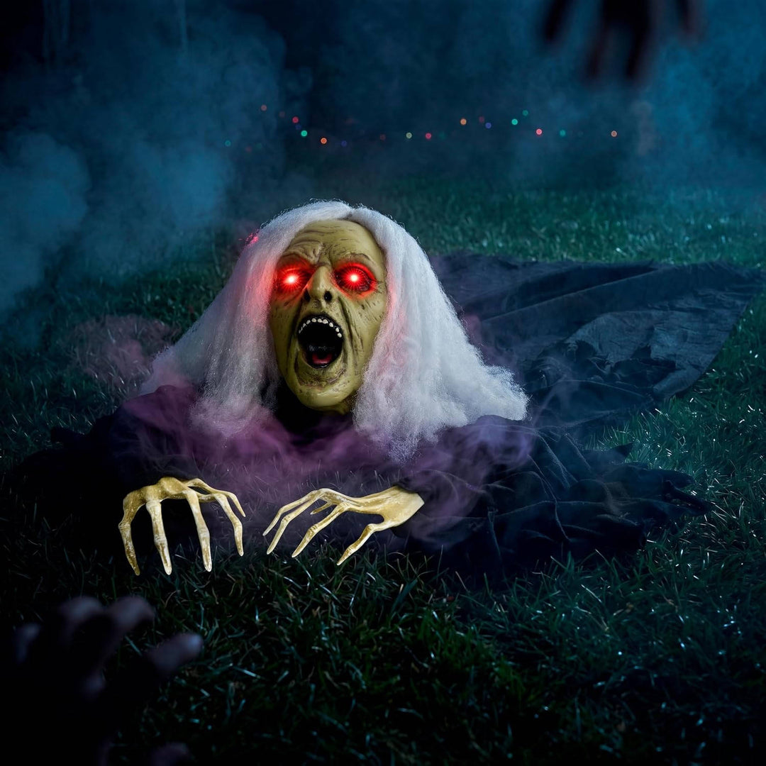 Figura de zombi que emerge del suelo para Halloween, con ojos iluminados y sonido, para mujer