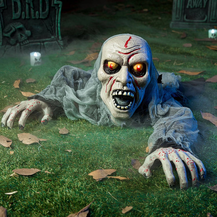 Figura de zombi que emerge del suelo para Halloween, con ojos iluminados y sonido, para mujer