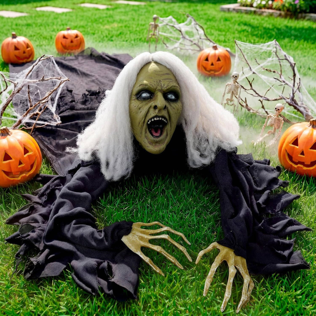 Figura de zombi que emerge del suelo para Halloween, con ojos iluminados y sonido, para mujer