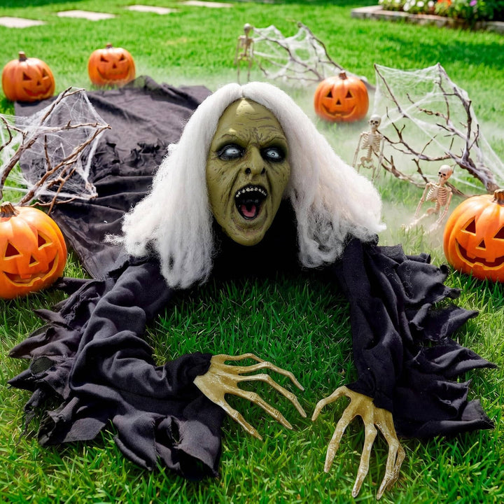 Figura de zombi que emerge del suelo para Halloween, con ojos iluminados y sonido, para mujer