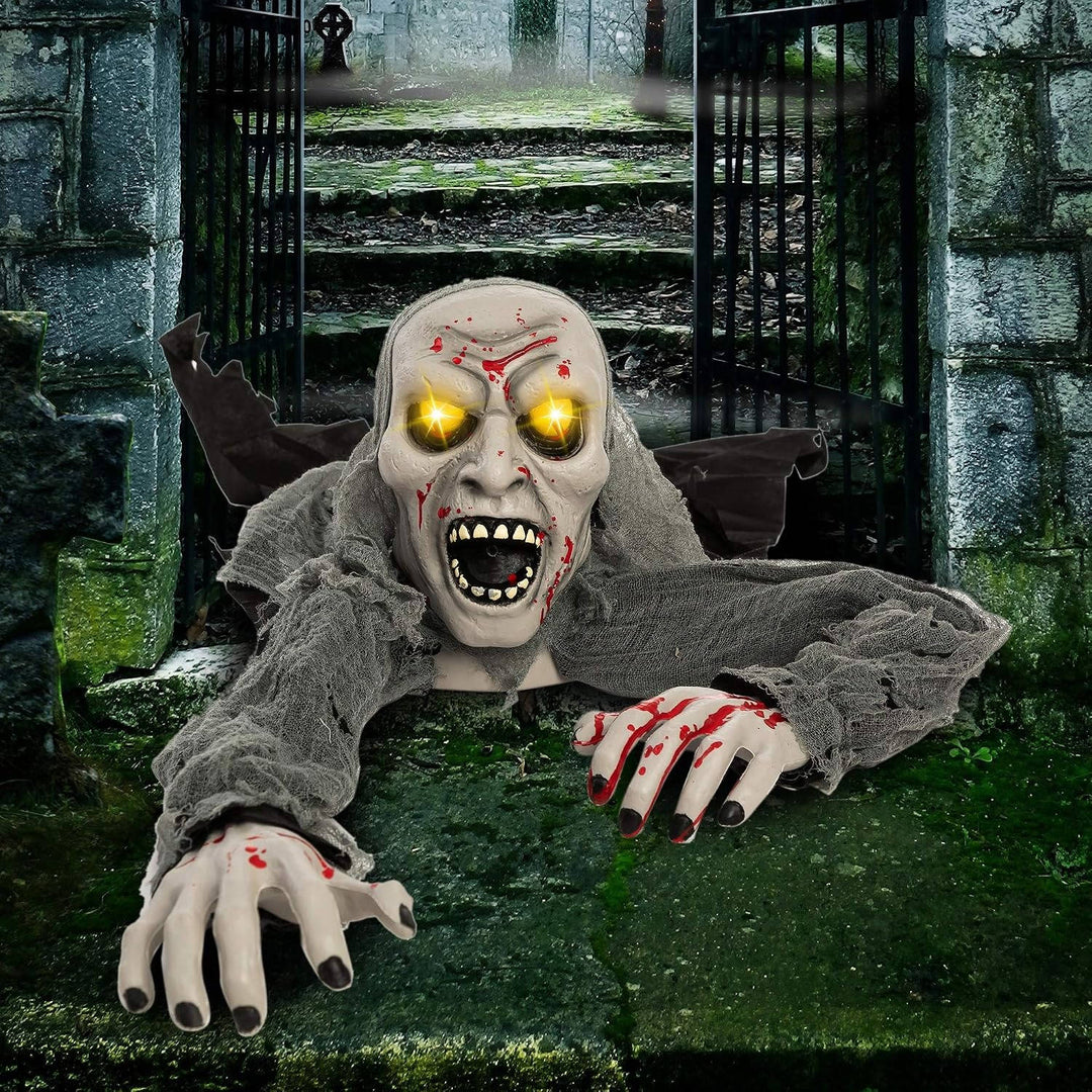 Figura de zombi que emerge del suelo para Halloween, con ojos iluminados y sonido, para mujer