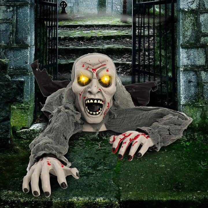 Figura de zombi que emerge del suelo para Halloween, con ojos iluminados y sonido, para mujer