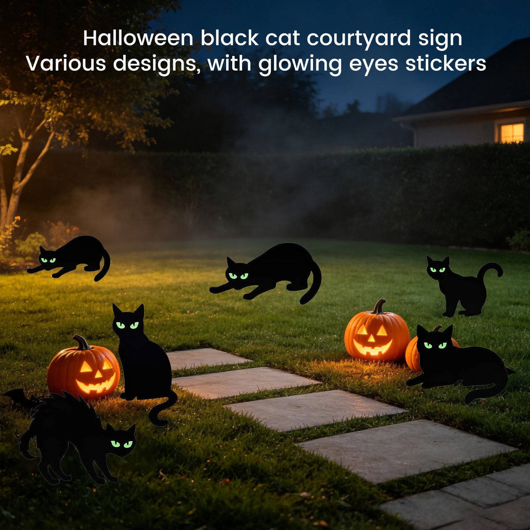 Women's 6 Pack Halloween Black Cat Lawn Signs with Glow-in-the-Dark Eyes