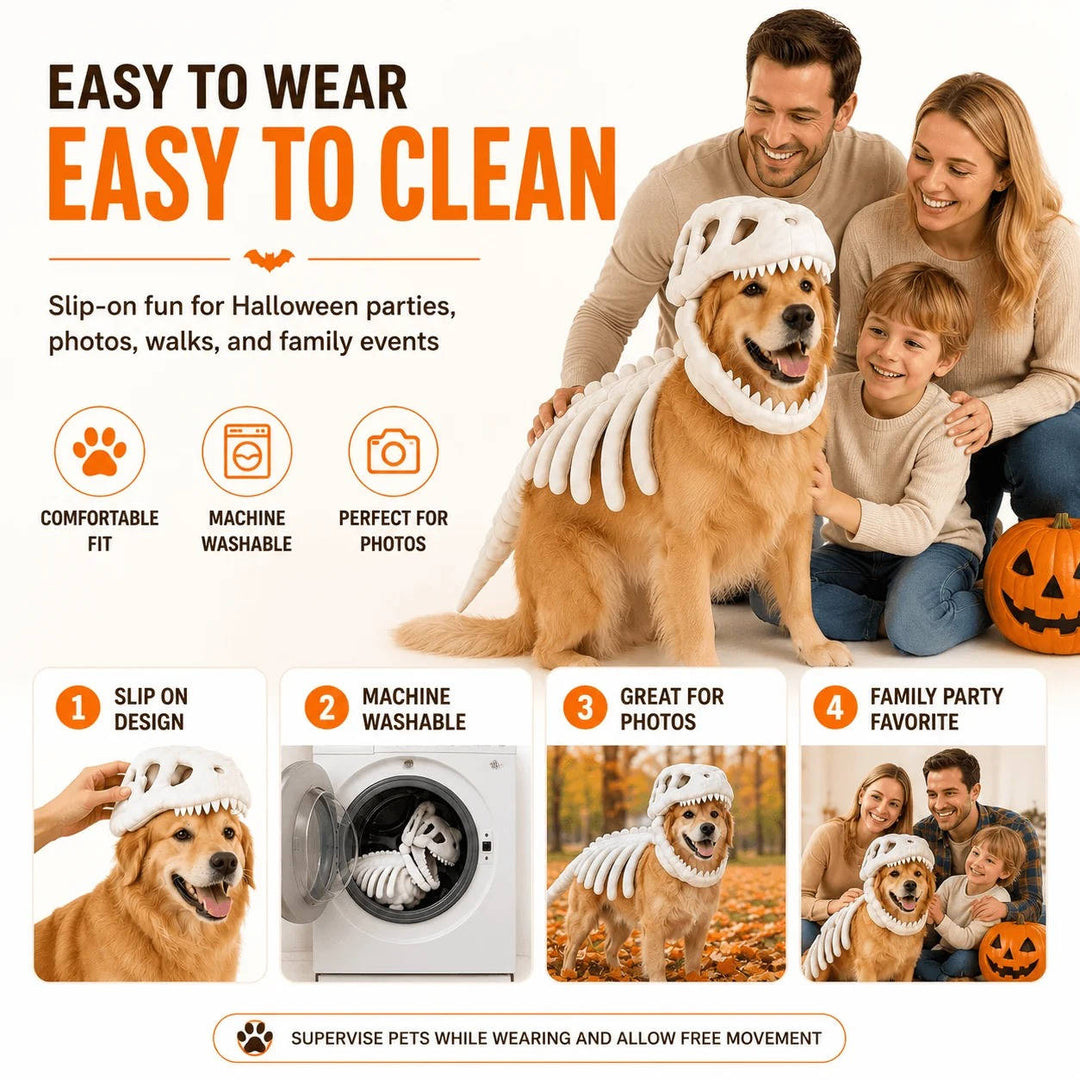 Costume da animale domestico a scheletro di dinosauro per feste di Halloween