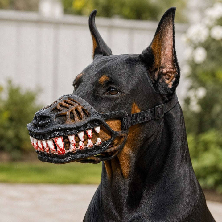 Rode Halloween-hondenmuilkorf met tanden - horrorgriezelmasker met ademend ontwerp