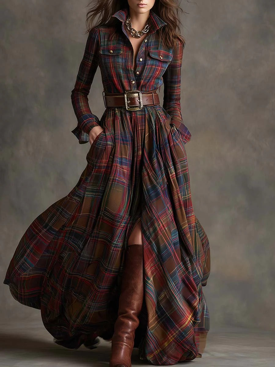Scarlett | Women's Plaid Flared Maxi Dress-Metro Lane Plaza