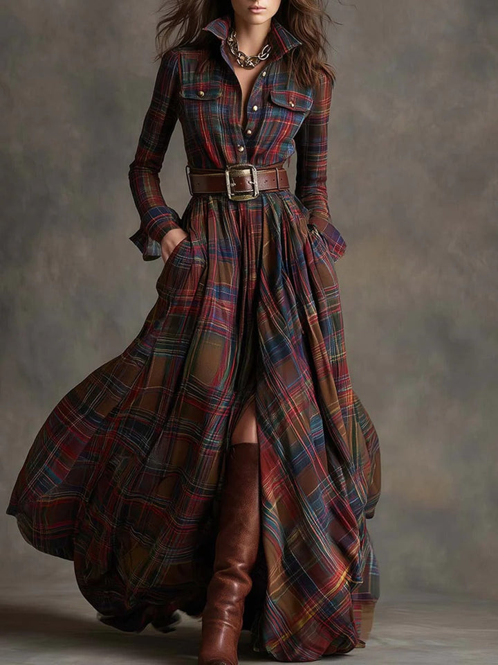 Scarlett | Women's Plaid Flared Maxi Dress-Metro Lane Plaza