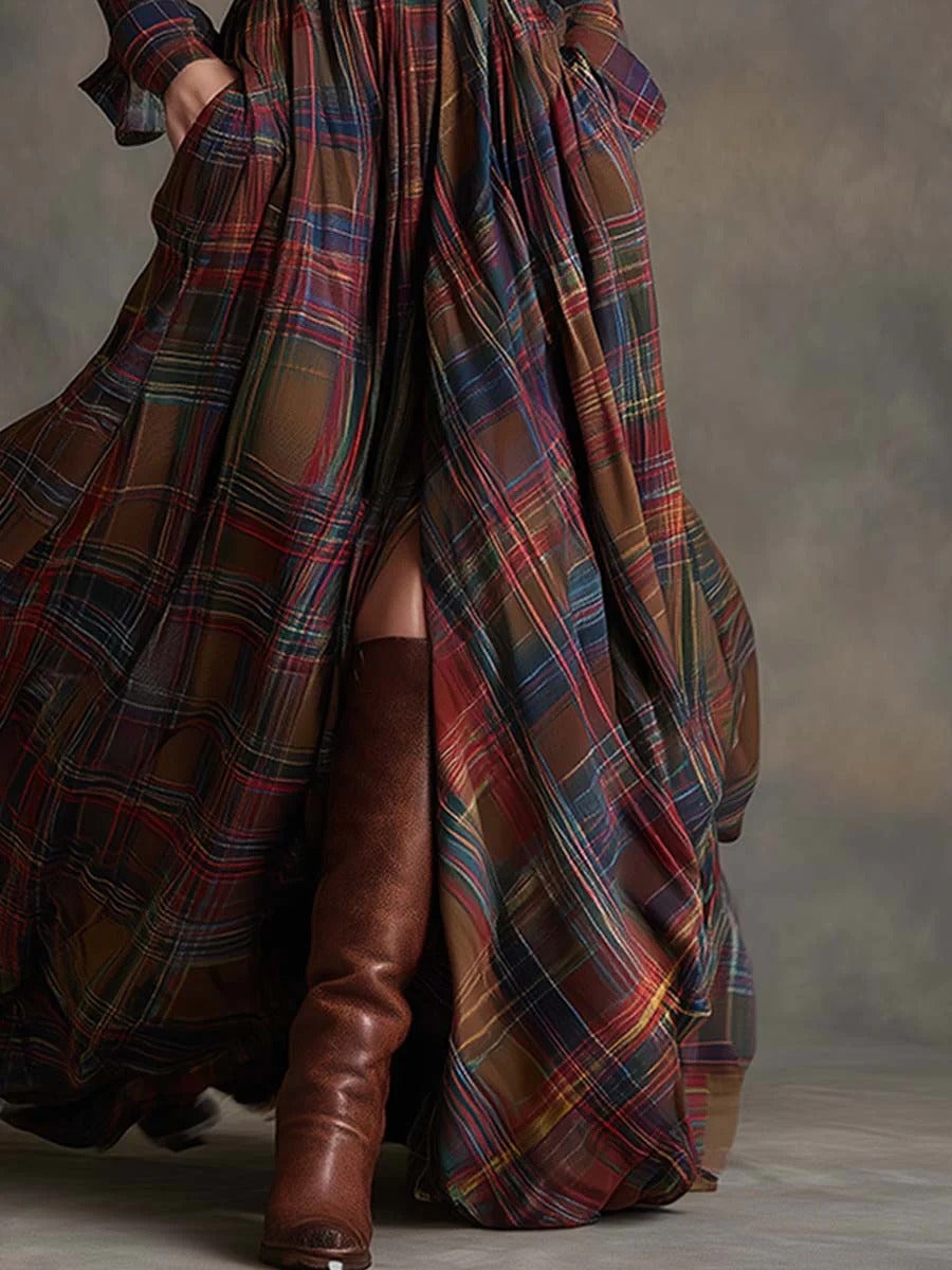 Scarlett | Women's Plaid Flared Maxi Dress-Metro Lane Plaza