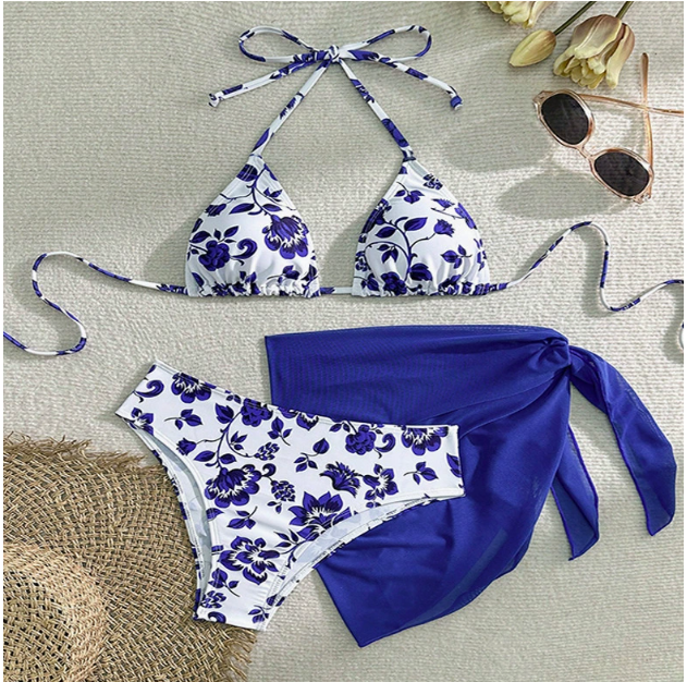 Chic Bikini Set | Women's Floral Print Halter Neck Swimwear-Metro Lane Plaza