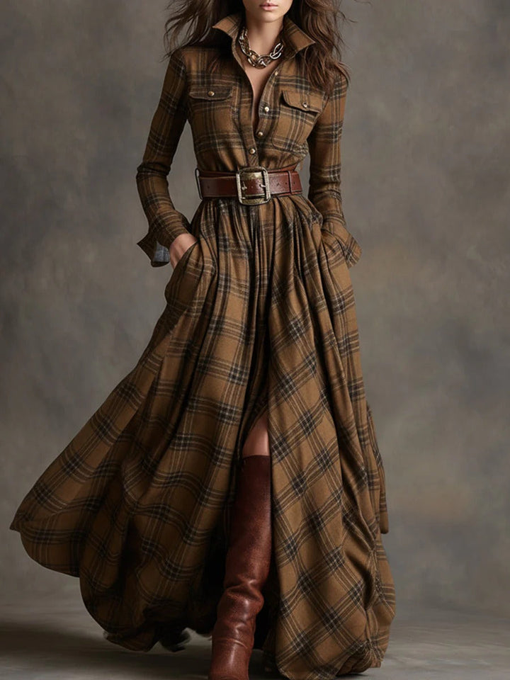 Scarlett | Women's Plaid Flared Maxi Dress-Metro Lane Plaza