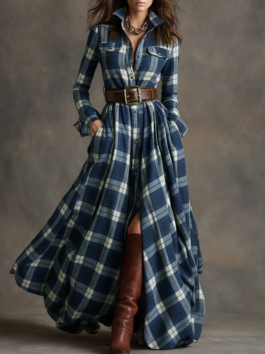 Scarlett | Women's Plaid Flared Maxi Dress-Metro Lane Plaza