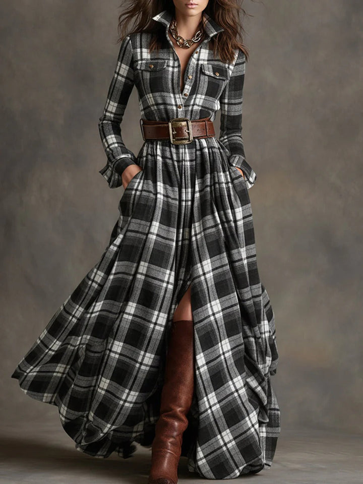 Scarlett | Women's Plaid Flared Maxi Dress-Metro Lane Plaza