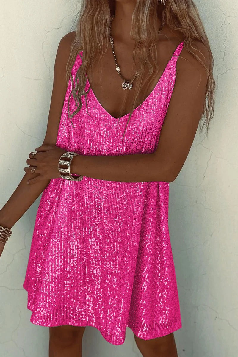 Women's Sparkling V-Back Sequin Party Mini Dress-Metro Lane Plaza