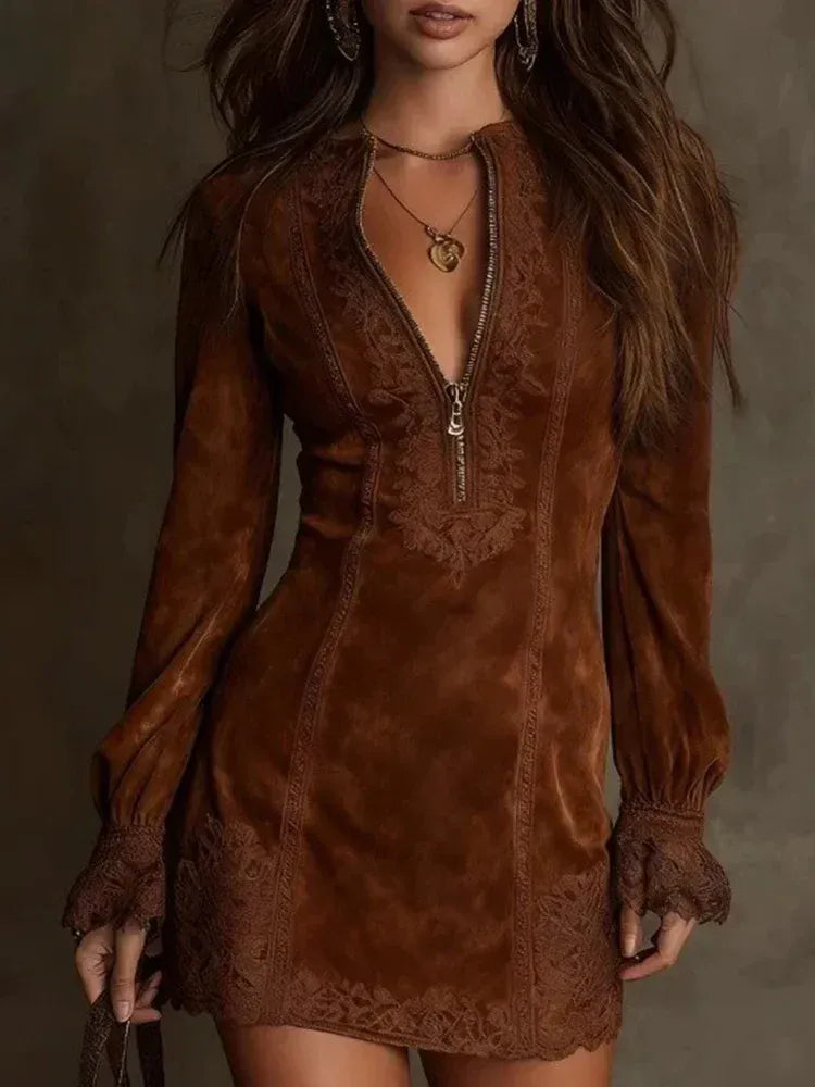 Elena | Embroidered Suede Mini Dress for Women-Metro Lane Plaza
