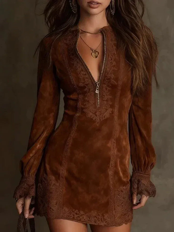 Elena | Embroidered Suede Mini Dress for Women-Metro Lane Plaza