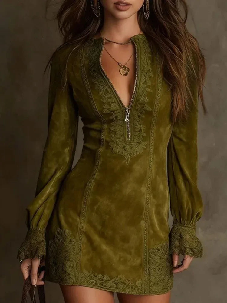 Elena | Embroidered Suede Mini Dress for Women-Metro Lane Plaza