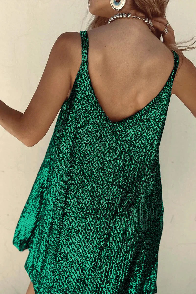 Women's Sparkling V-Back Sequin Party Mini Dress-Metro Lane Plaza