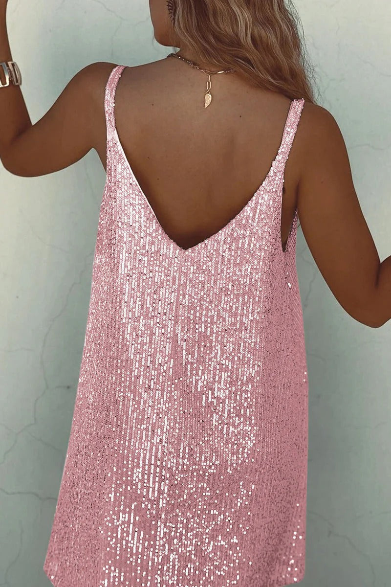 Women's Sparkling V-Back Sequin Party Mini Dress-Metro Lane Plaza