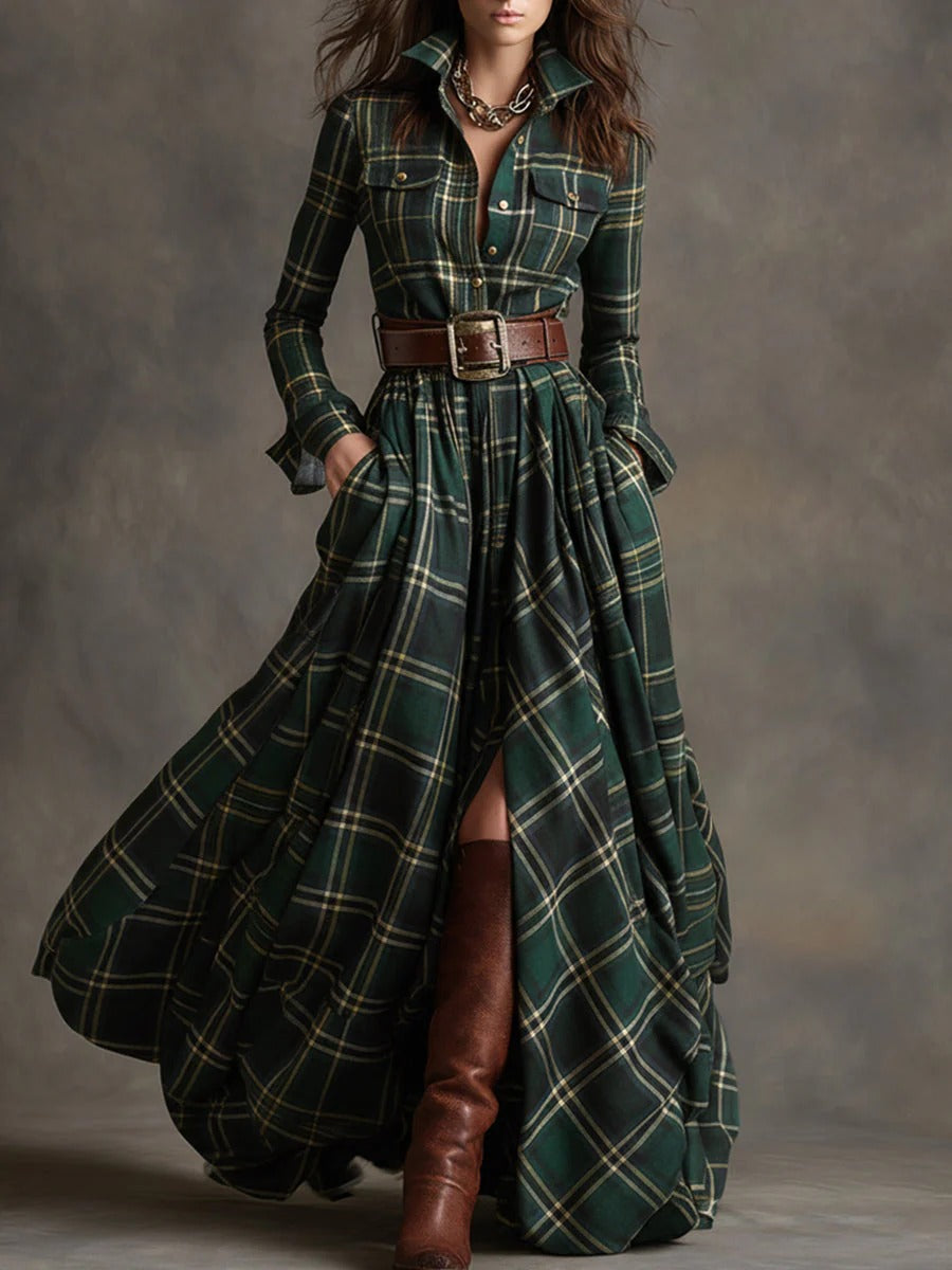 Scarlett | Women's Plaid Flared Maxi Dress-Metro Lane Plaza