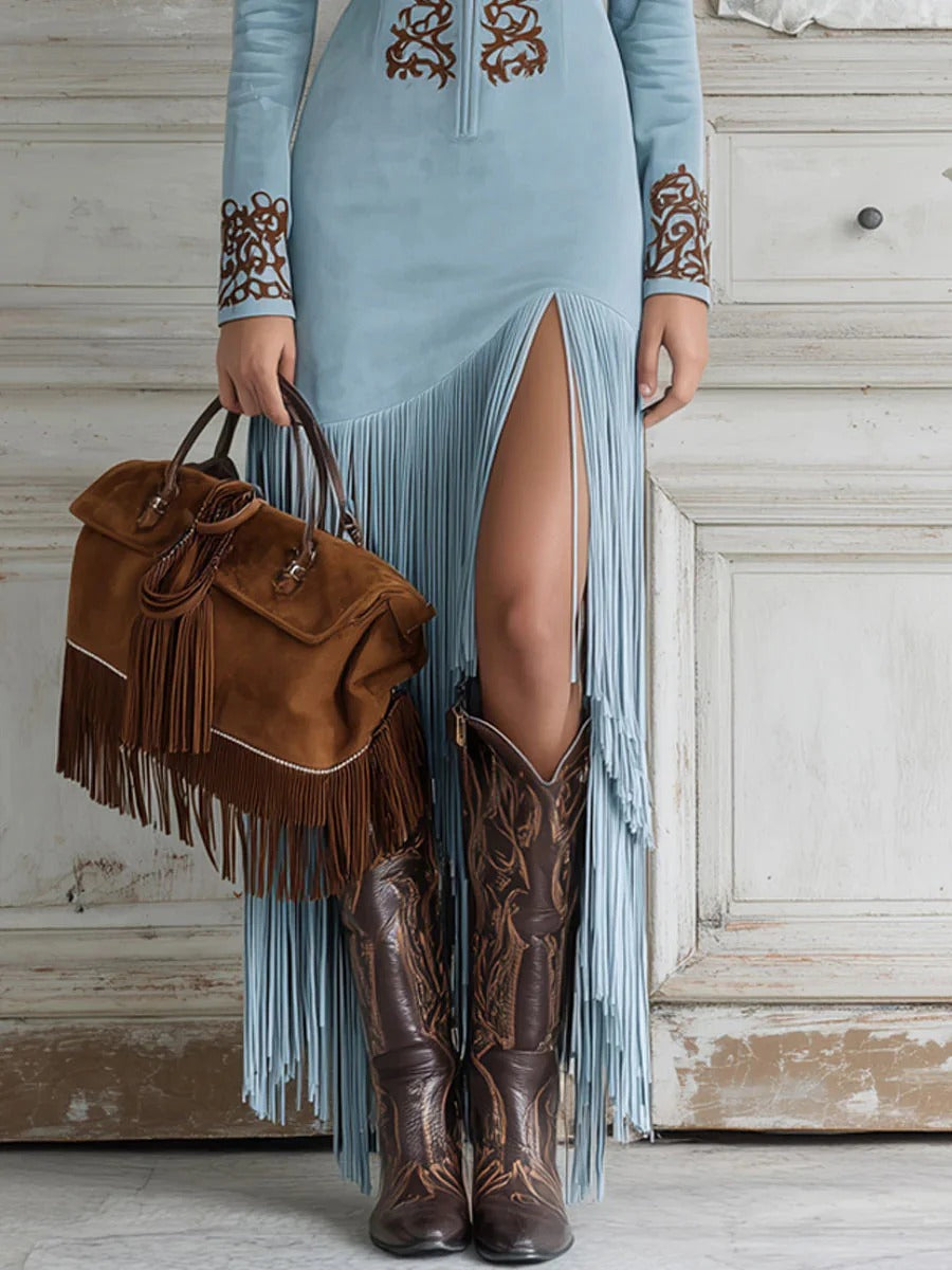 Grace | Women's Embroidered Faux Suede Maxi Dress-Metro Lane Plaza