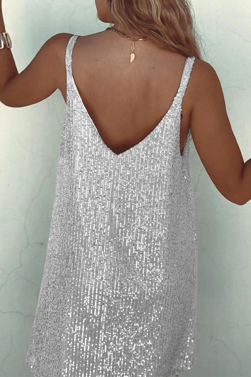 Women's Sparkling V-Back Sequin Party Mini Dress-Metro Lane Plaza