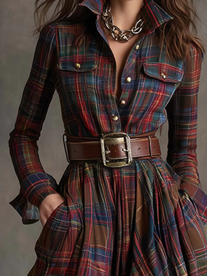Scarlett | Women's Plaid Flared Maxi Dress-Metro Lane Plaza