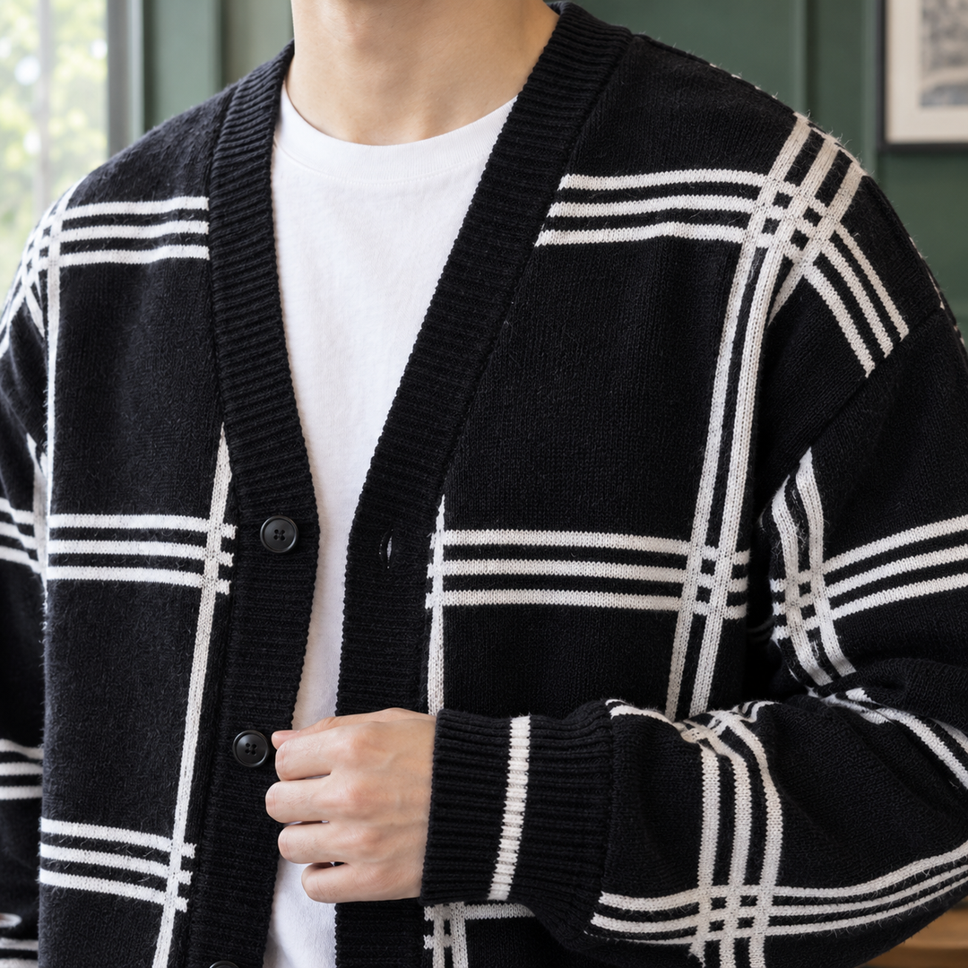 Gilet cardigan homme en maille à carreaux