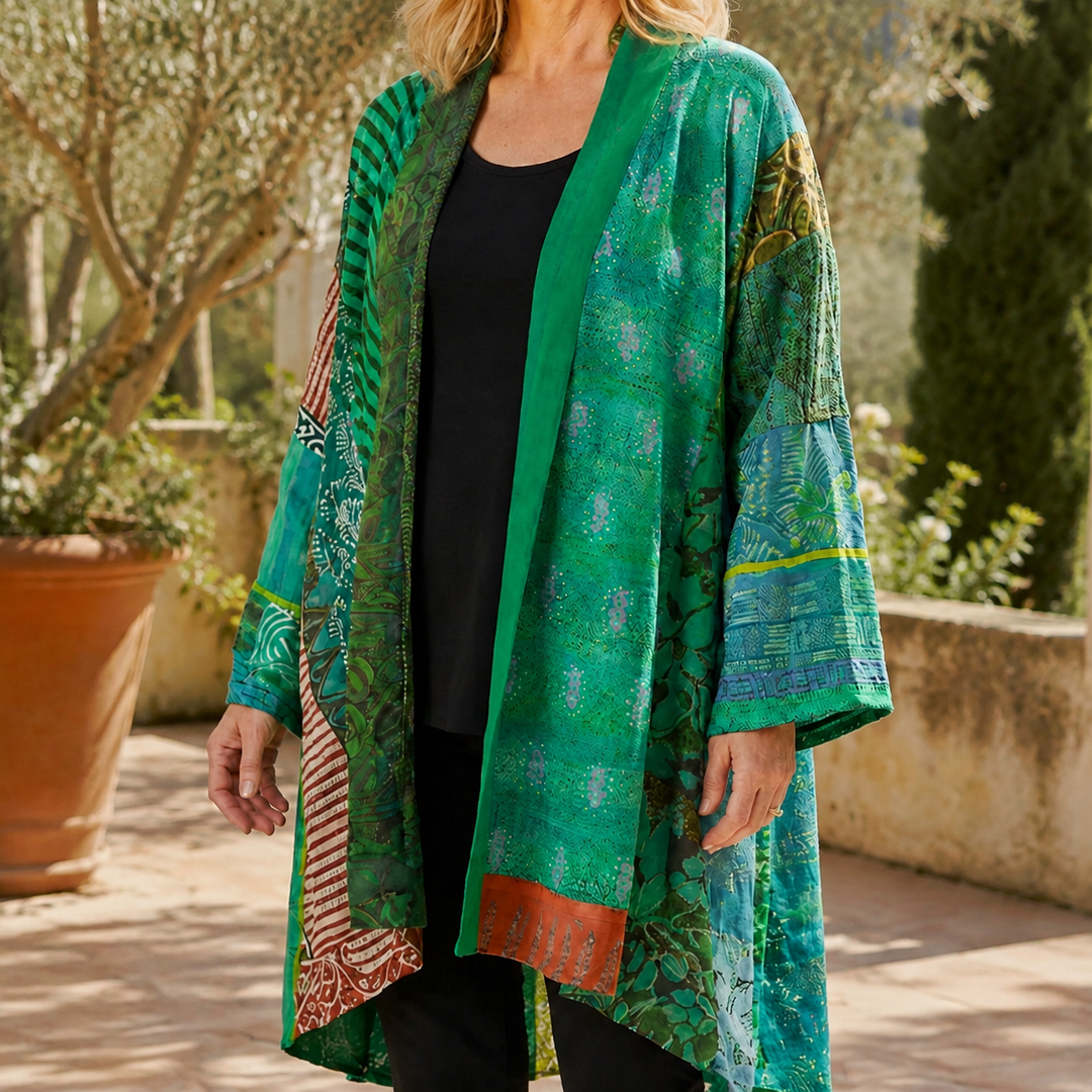 Cárdigan de patchwork en verde salvia para mujer