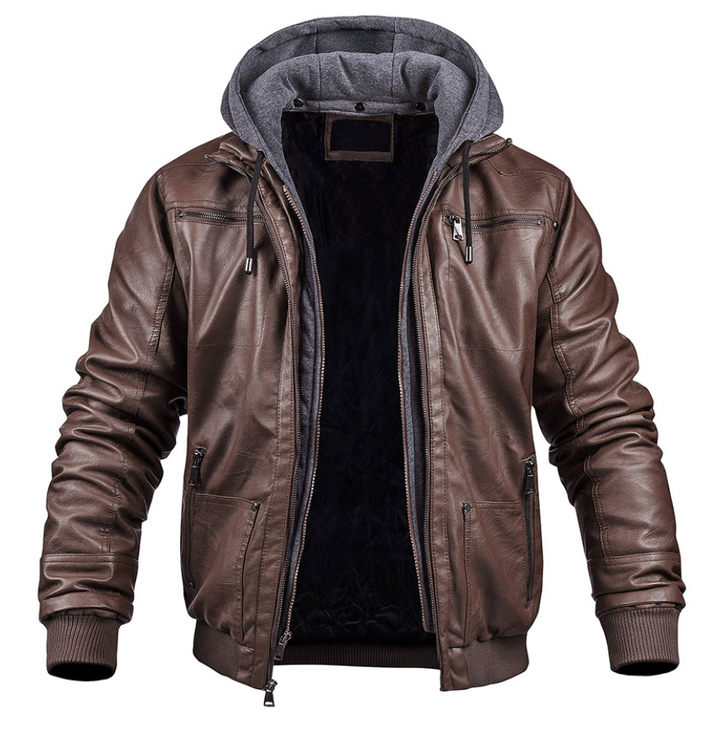 Men's Hooded Leather Winter Jacket