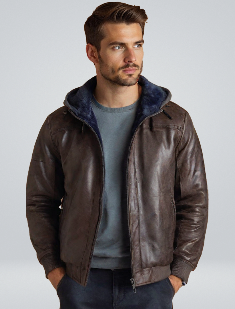 Men's Hooded Leather Winter Jacket
