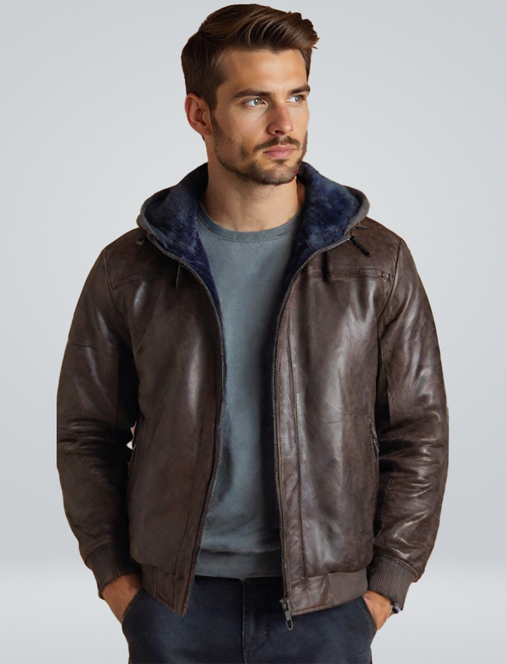 Men's Hooded Leather Winter Jacket