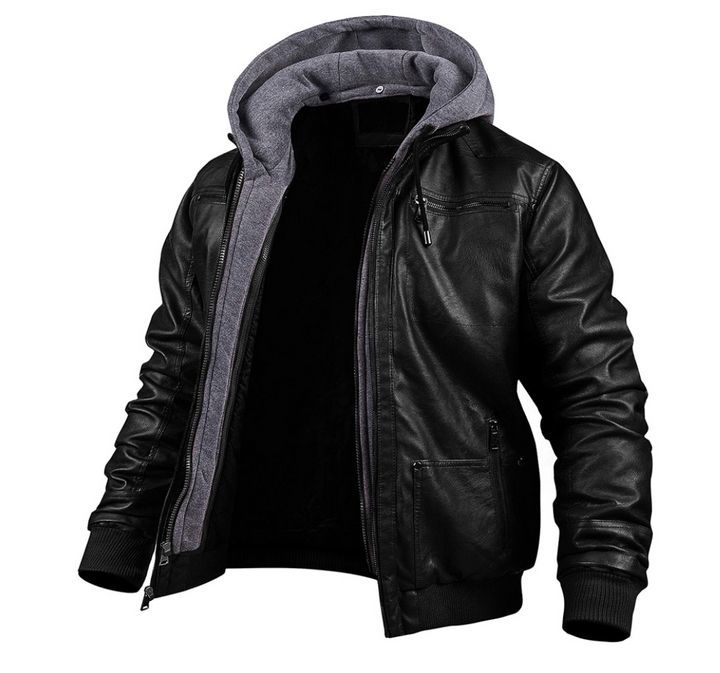 Men's Hooded Leather Winter Jacket