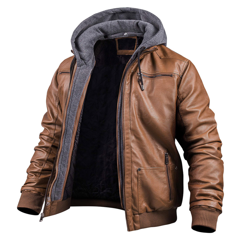 Men's Hooded Leather Winter Jacket