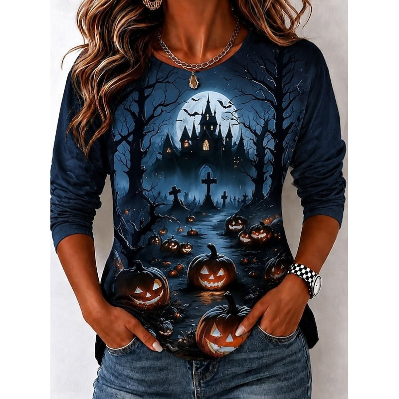 Halloween Witch Graphic Long Sleeve Shirt for Autumn Wear