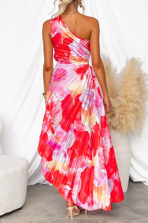 Women's Flowy Red Floral One-Shoulder Maxi Dress-Metro Lane Plaza