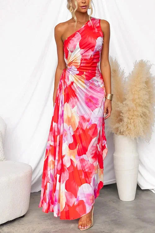 Women's Flowy Red Floral One-Shoulder Maxi Dress-Metro Lane Plaza