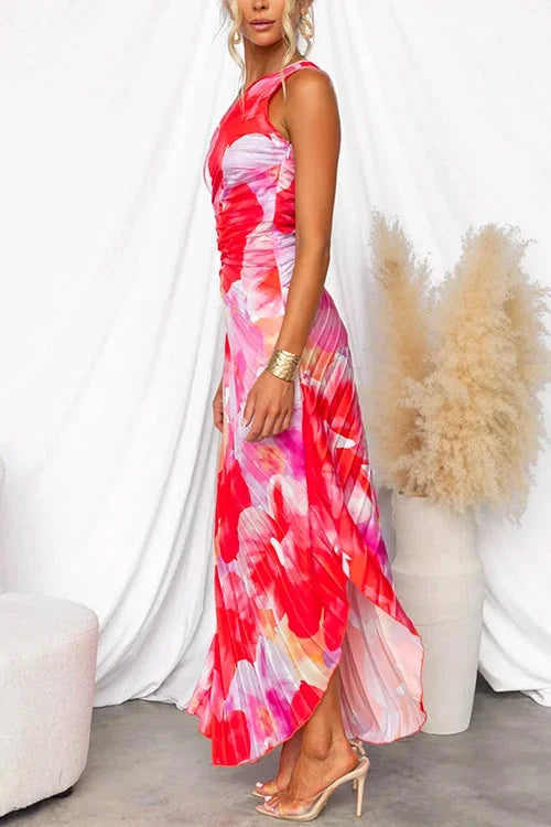 Women's Flowy Red Floral One-Shoulder Maxi Dress-Metro Lane Plaza