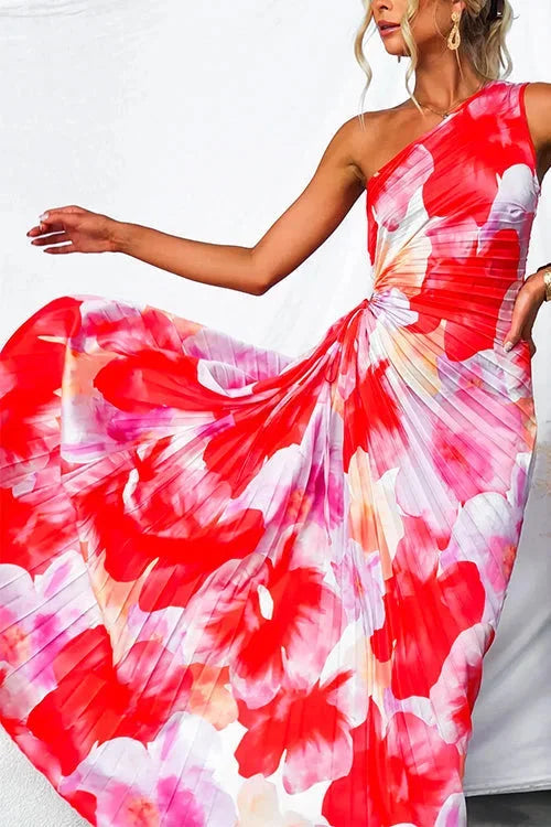 Women's Flowy Red Floral One-Shoulder Maxi Dress-Metro Lane Plaza