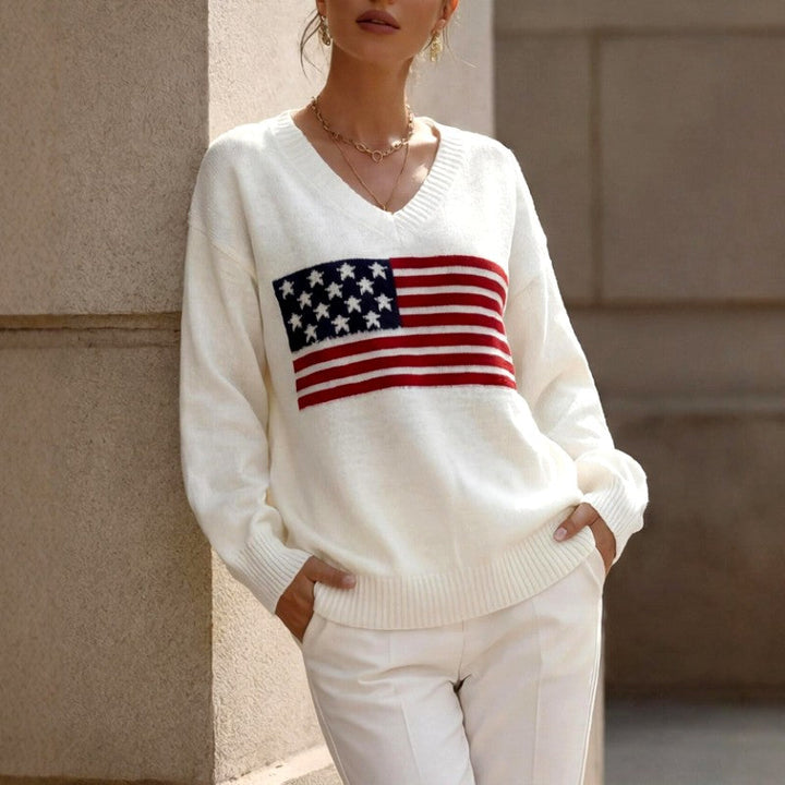 Women's American Flag V-Neck Knit Sweater