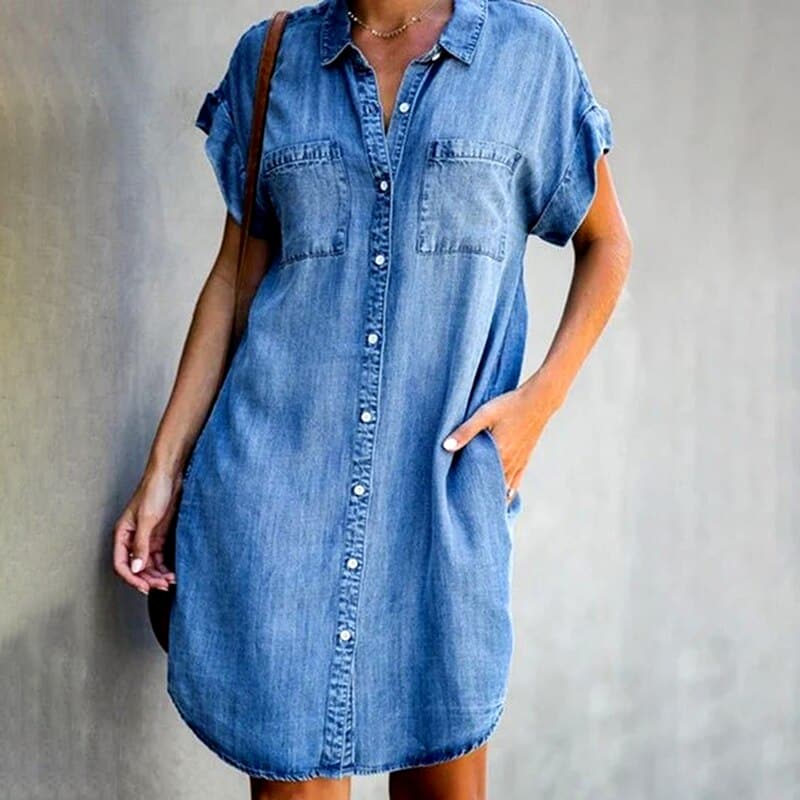Josephine | Women's Denim Button-Down Mini Dress-Metro Lane Plaza