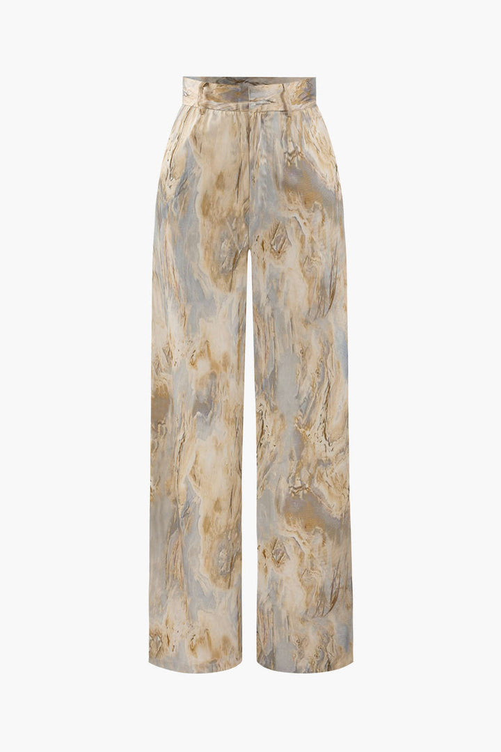 Jossara | Women's High-Waisted Marble Print Loose Fit Trousers-Metro Lane Plaza